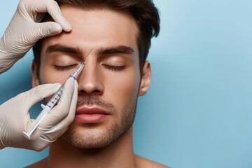 Young beautiful man receives botox injection for facelifting. Male aesthetic medicine. Cosmetology procedure in beauty clinic - obrazy, fototapety, plakaty