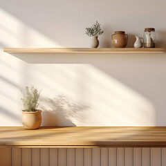 Wooden board with wooden pedestal and free space for your decoration. Kitchen interior with shelfs. Sun natural light and shadows. Mockup place for your products.