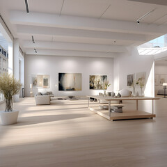 A large, well-lit space, with white walls, light wooden floors and modern furniture with clean lines. The environment is minimalist, allowing attention to focus on the models and the work carried out.