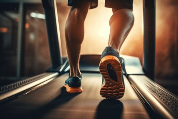 Close up of male athlete feet on treadmill in gym