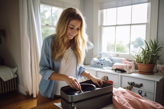 Woman packing clothes in suitcase at home
