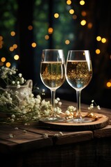 Romantic White Wine Glasses on Wooden Surface with Fairy Lights