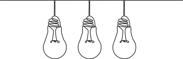 Three Hanging extinct light bulbs with knot tangled cable and one glowing with straight cord.  - obrazy, fototapety, plakaty