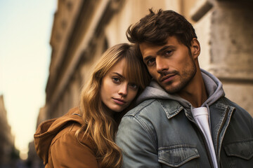 Obraz premium AI generated image of beautiful young cheerful couple walking in city
