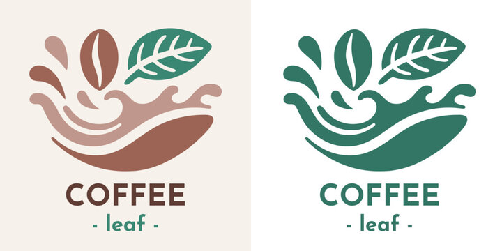 Coffee logo with green leaf and splash of coffee water for coffee shop business. Simple flat style design. - Powered by Adobe