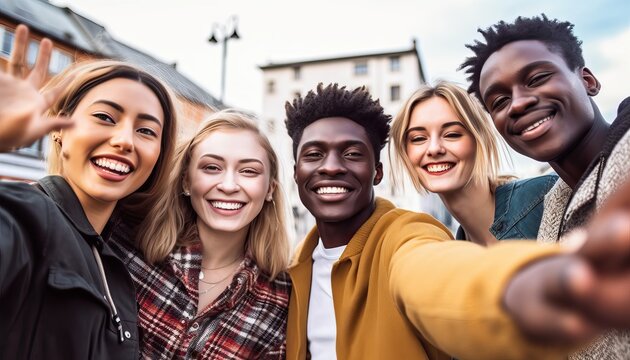 Multiracial friends group taking selfie portrait outside , Happy multi cultural people smiling at camera , Human resources, college students, friendship and community