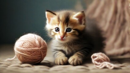 Kitten playing with ball. Generative AI.