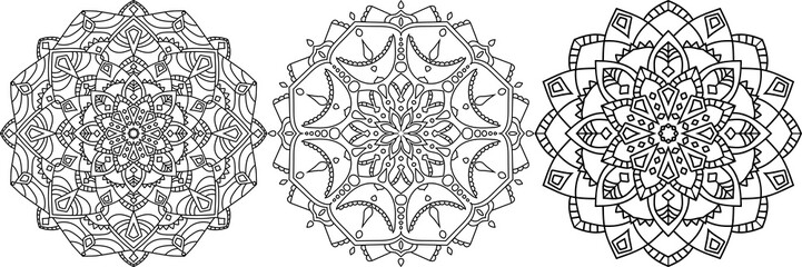 Fototapeta premium Three Mandalas in row isolated on the white background. Doodle mandala pattern ornament design for adult coloring book page for meditation, relaxing and stress relief.
