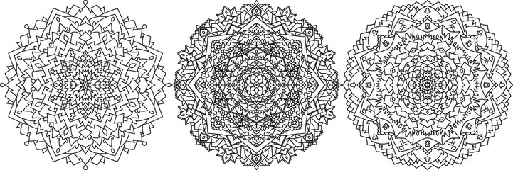 Three Mandalas in row isolated on the white background. Doodle mandala pattern ornament design for adult coloring book page for meditation, relaxing and stress relief.