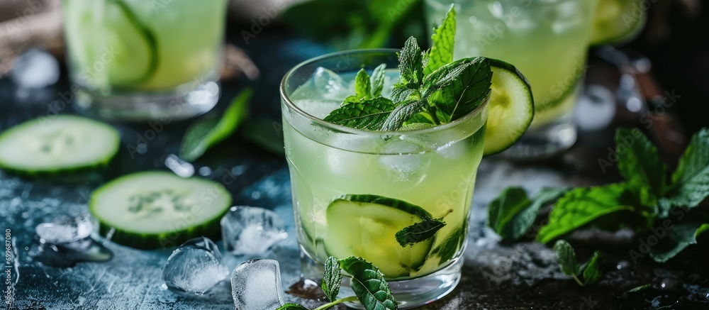 Poster refreshing spring cocktail with cucumber and mint.