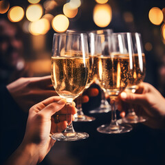 Celebration new years eve party. People holding glasses of champagne making a toast. Champagne with blurred background.