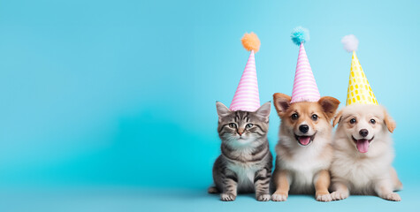A group of cute dogs and cats wearing party hats on a pastel blue background. Adorable pets. Birthday party invitation design, blue banner with copyspace - obrazy, fototapety, plakaty