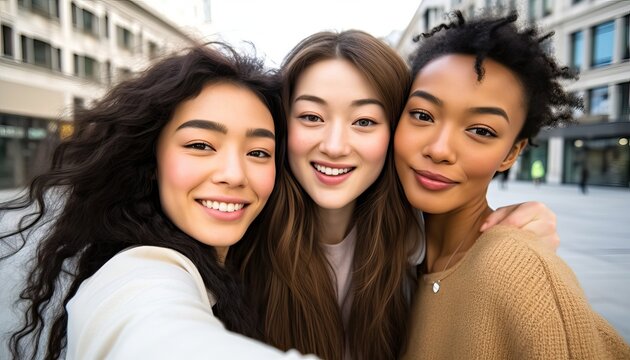 Multiracial three young women taking selfie portrait on city street , Happy female friends having fun together hanging outside , Life style with beautiful girls enjoying summer holidays
