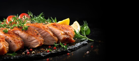 Chicken escalope filets presented close-up on black board with space for text.