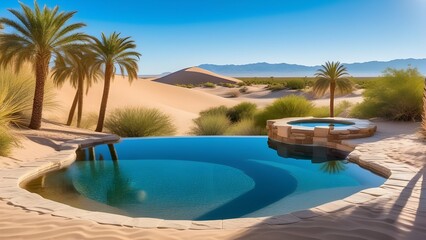 A desert oasis surrounded by sand dunes, palm trees, and a crystal-clear pool reflecting the...