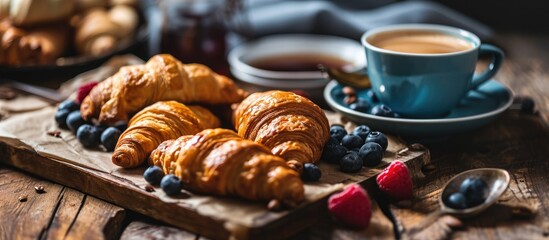 Focused breakfast with coffee and croissants. - obrazy, fototapety, plakaty