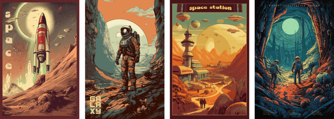 Retro science fiction, a space exploration scene on Mars and astronaut illustration poster set.
