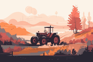 Nature and farm landscape. village, sky, field, trees, tractor and grass for background, poster vector illustration - obrazy, fototapety, plakaty