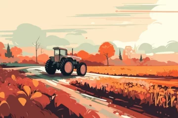 Gardinen Nature and farm landscape. village, sky, field, trees, tractor and grass for background, poster vector illustration © Mustafa