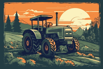 Nature and farm landscape. village, sky, field, trees, tractor and grass for background, poster vector illustration