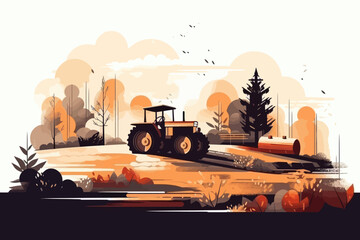 Nature and farm landscape. village, sky, field, trees, tractor and grass for background, poster vector illustration