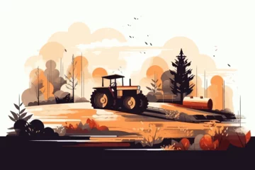 Schilderijen op glas Nature and farm landscape. village, sky, field, trees, tractor and grass for background, poster vector illustration © Mustafa