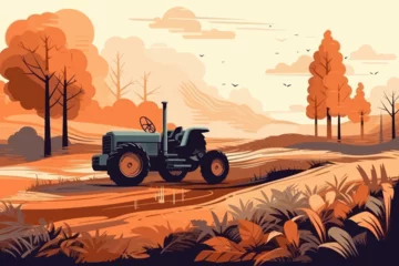 Muurstickers Nature and farm landscape. village, sky, field, trees, tractor and grass for background, poster vector illustration © Mustafa