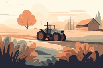 Schilderijen op glas Nature and farm landscape. village, sky, field, trees, tractor and grass for background, poster vector illustration © Mustafa