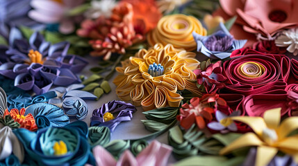 A close-up view of an intricate paper quilling artwork depicting a vibrant garden. 