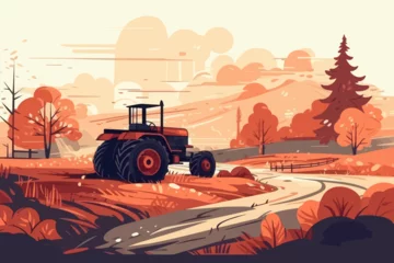 Muurstickers Nature and farm landscape. village, sky, field, trees, tractor and grass for background, poster vector illustration © Mustafa