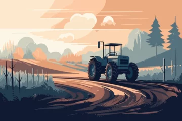 Foto op Canvas Nature and farm landscape. village, sky, field, trees, tractor and grass for background, poster vector illustration © Mustafa