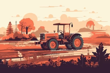 Plexiglas foto achterwand Nature and farm landscape. village, sky, field, trees, tractor and grass for background, poster vector illustration © Mustafa