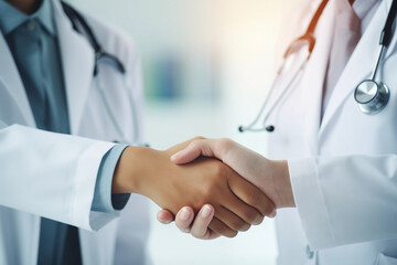  Doctors shaking hands with on hospital background. Teamwork. Business and health care.