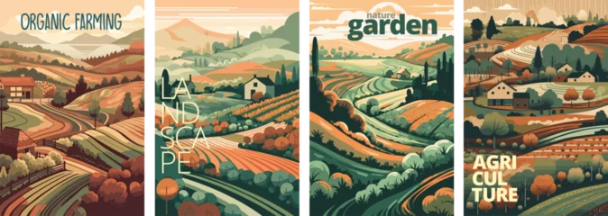 Schilderijen op glas Nature and farm landscape. village, sky, field, trees, house and lawn for background, poster vector illustration set © Mustafa