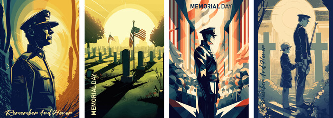 Memorial Day Vector illustration. USA flag, soldier in cemetery and a child on memorial day.Retro greeting card and poster design