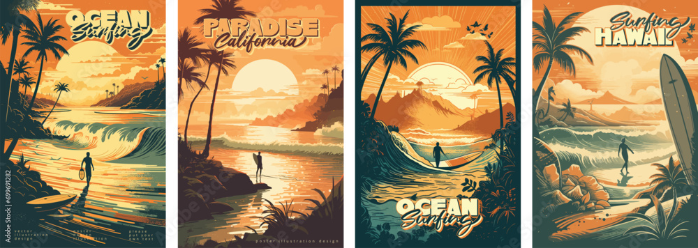 Wall mural sunset vintage retro style beach surf poster vector illustration - Wall murals