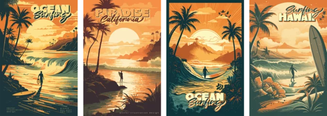 Outdoor-Kissen Sunset vintage retro style beach surf poster vector illustration © Mustafa