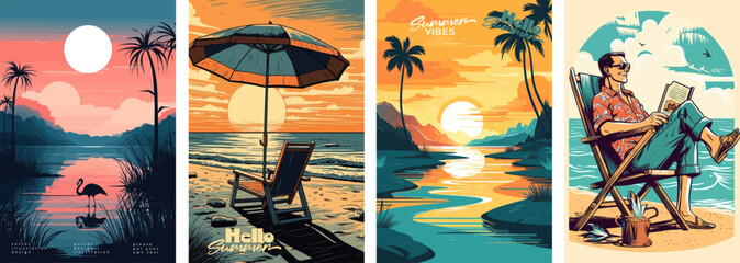 Set of summer vacation vector illustration posters with seaside landscape, sunbed, woman on vacation, summer sunset, retro and modern style, for a greeting card - obrazy, fototapety, plakaty