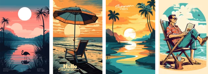 Foto op Plexiglas Set of summer vacation vector illustration posters with seaside landscape, sunbed, woman on vacation, summer sunset, retro and modern style, for a greeting card © Mustafa