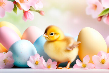 Easter holiday concept, composition with a small yellow chick and eggs on a cherry blossoms background.