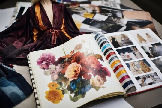 Photo of a close-up of a fashion designer's sketchbook and fabric samples. Generative AI
