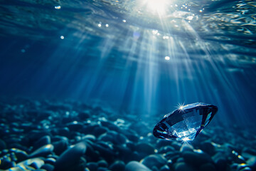 Precious blue sapphire underwater. sunlight, crystal on natural background - obrazy, fototapety, plakaty
