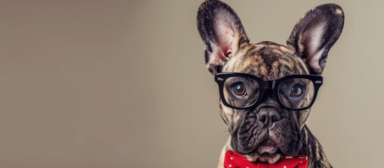 A puppy French bulldog cutout with glasses and red lips.