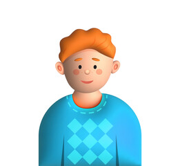 3D man or boy avatar with red hairs and modern haircut in  blue sweater, cute face smile, young  school teen cartoon character. kindergarten head collection. EPS 10 vector.	
