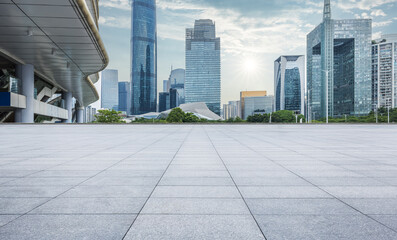 Empty square floor and city architecture landscape in summer