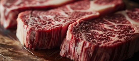 Texture of wagyu beef striploin steak up close. - obrazy, fototapety, plakaty