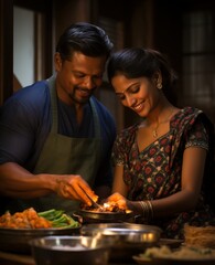 An indian husband is working hard to support his south indian wife cooking in the kitchen