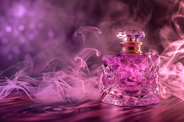 luxury glass or crystal perfume bottle with smoke waves background