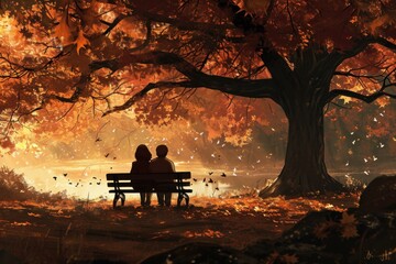 anime of silhouetted couple sit on bench under autumn tree