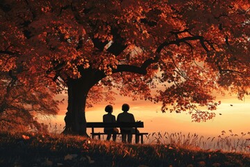anime of silhouetted couple sit on bench under autumn tree